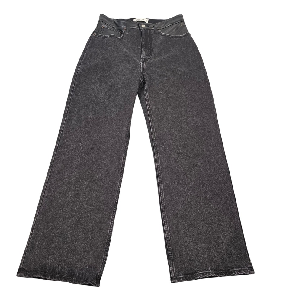 Abercrombie Fitch 90s Curve Love Relaxed Jeans Black Faux Leather Trim Size 26